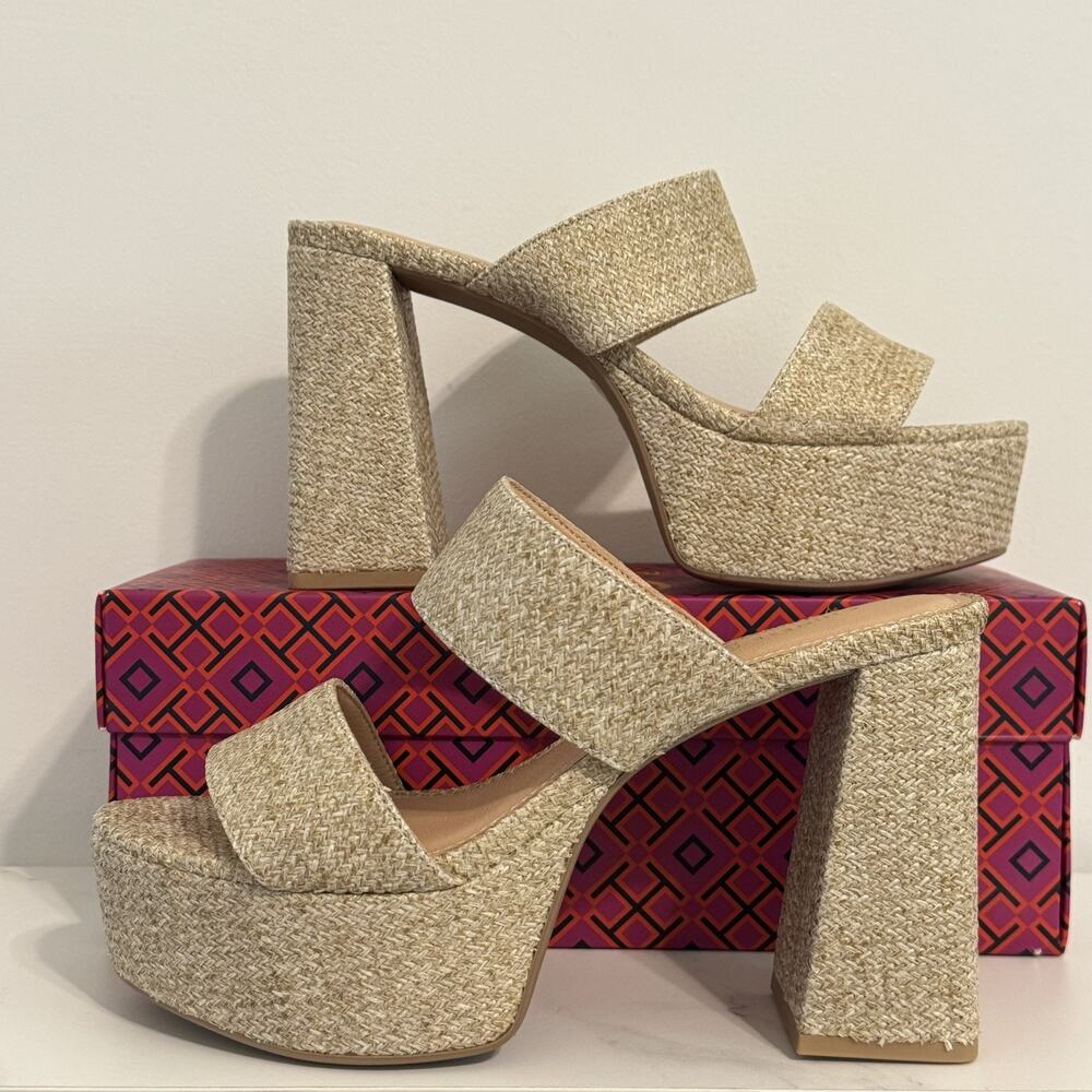 Chinese Laundry Platform Sandals Gold Tan Raffia Block Heel Womens 8 EXC